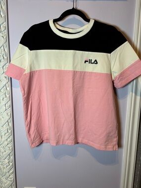 FILA Black, White & Pink Colorblock Crewneck Tee Size XL
